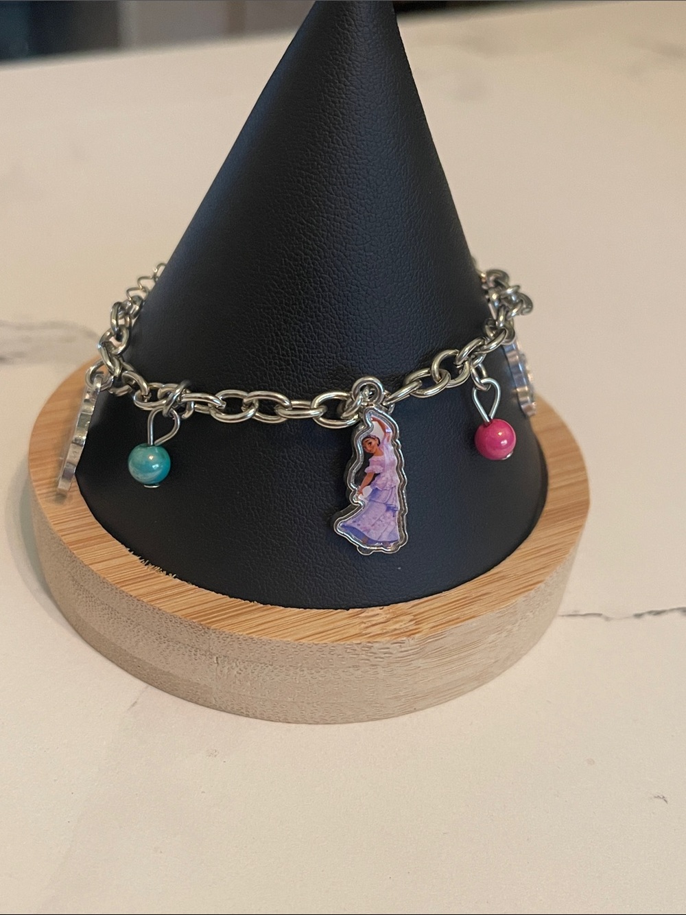 Disney Silver Charm Bracelet with Purple Princess Charm and Pink & Teal Beads